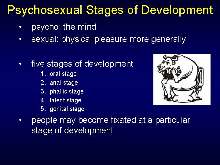 Psychosexual Stages of Development • • psycho: the mind sexual: physical pleasure more generally
