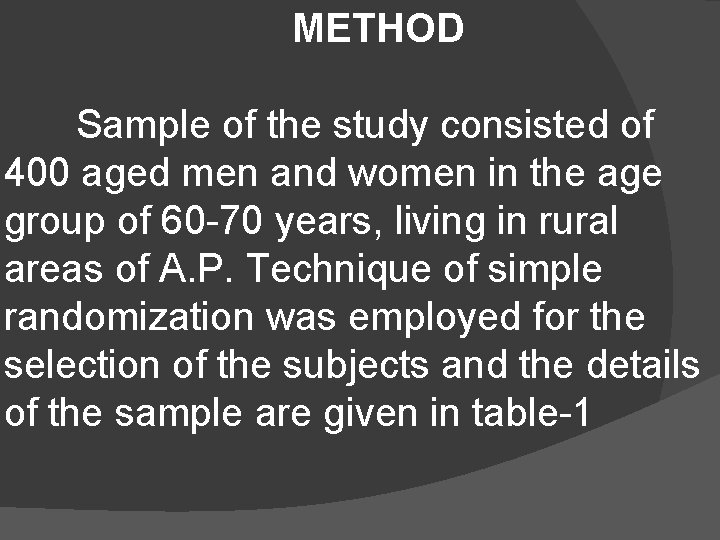 METHOD Sample of the study consisted of 400 aged men and women in the