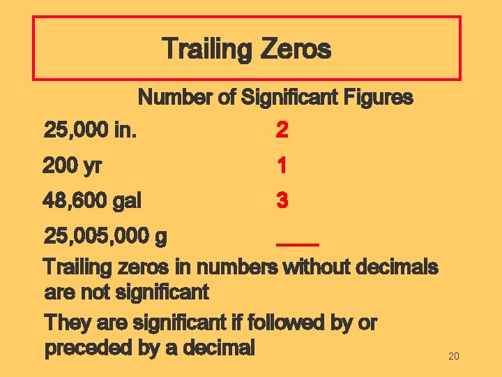 Trailing Zeros Number of Significant Figures 25, 000 in. 2 200 yr 1 48,