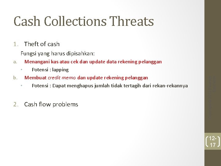 Cash Collections Threats 1. Theft of cash Fungsi yang harus dipisahkan: Menangani kas atau