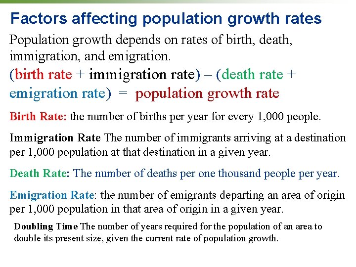 Factors affecting population growth rates Population growth depends on rates of birth, death, immigration, Factors affecting population growth rates Population growth depends on rates of birth, death, immigration,
