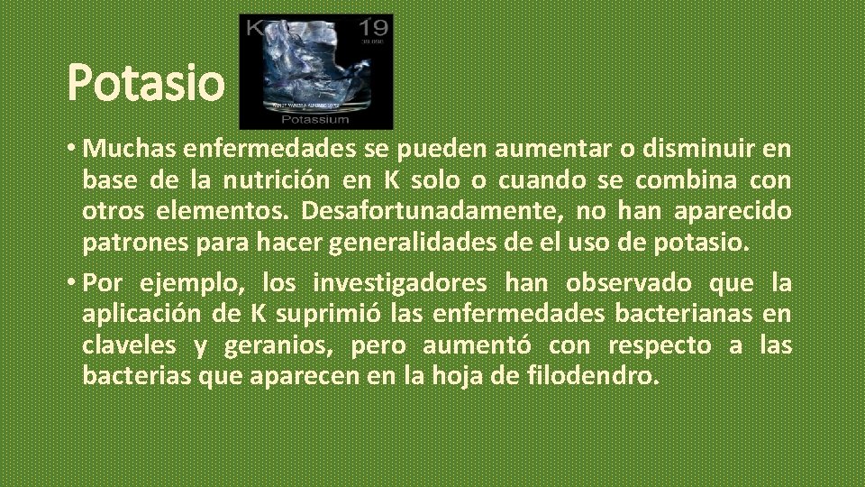 Potasio • Muchas enfermedades se pueden aumentar o disminuir en base de la nutrición Potasio • Muchas enfermedades se pueden aumentar o disminuir en base de la nutrición