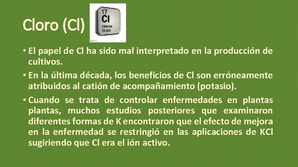 Cloro (Cl) • El papel de Cl ha sido mal interpretado en la producción Cloro (Cl) • El papel de Cl ha sido mal interpretado en la producción