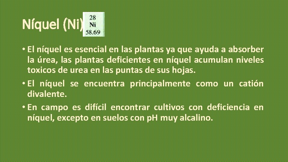 Níquel (Ni) • El níquel es esencial en las plantas ya que ayuda a Níquel (Ni) • El níquel es esencial en las plantas ya que ayuda a