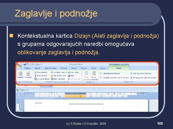 Zaglavlje i podnožje n Kontekstualna kartica Dizajn (Alati zaglavlja i podnožja) s grupama odgovarajućih