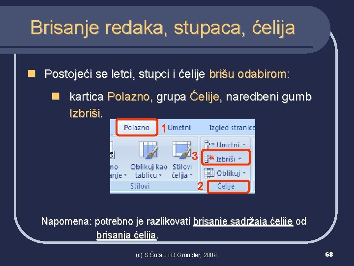 Brisanje redaka, stupaca, ćelija n Postojeći se letci, stupci i ćelije brišu odabirom: n