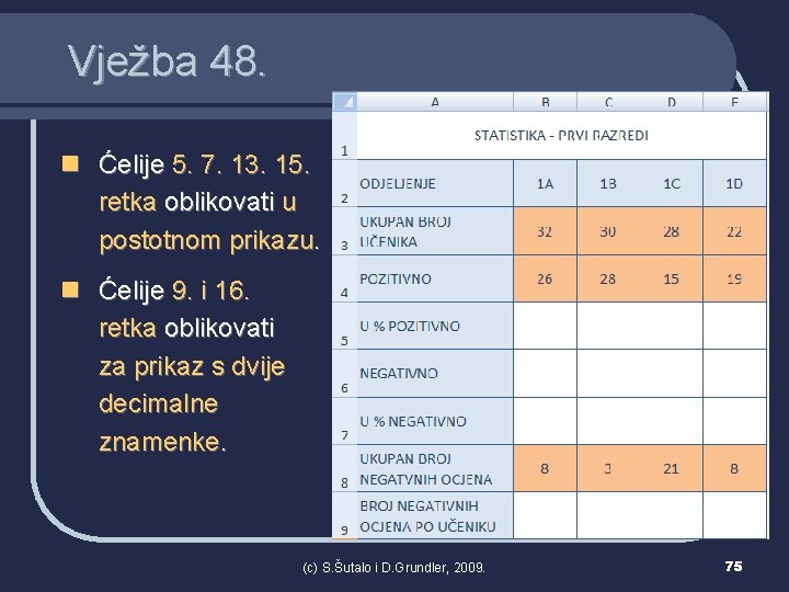 Vježba 48. n Ćelije 5. 7. 13. 15. retka oblikovati u postotnom prikazu. n