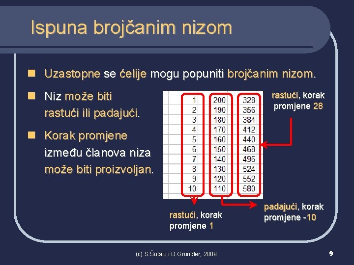 Ispuna brojčanim nizom n Uzastopne se ćelije mogu popuniti brojčanim nizom. n Niz može