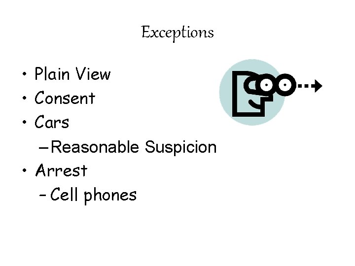 Exceptions • Plain View • Consent • Cars – Reasonable Suspicion • Arrest –