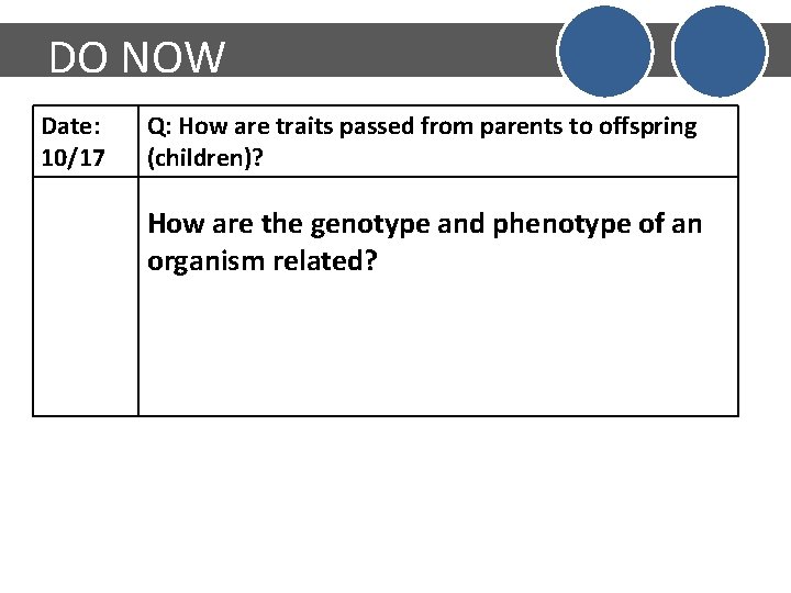 DO NOW Date: 10/17 Q: How are traits passed from parents to offspring (children)?