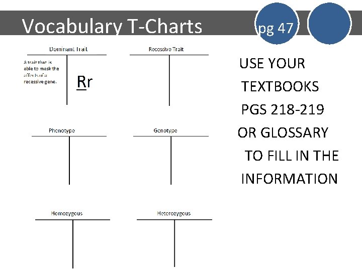 Vocabulary T-Charts • • • pg 47 USE YOUR TEXTBOOKS PGS 218 -219 OR