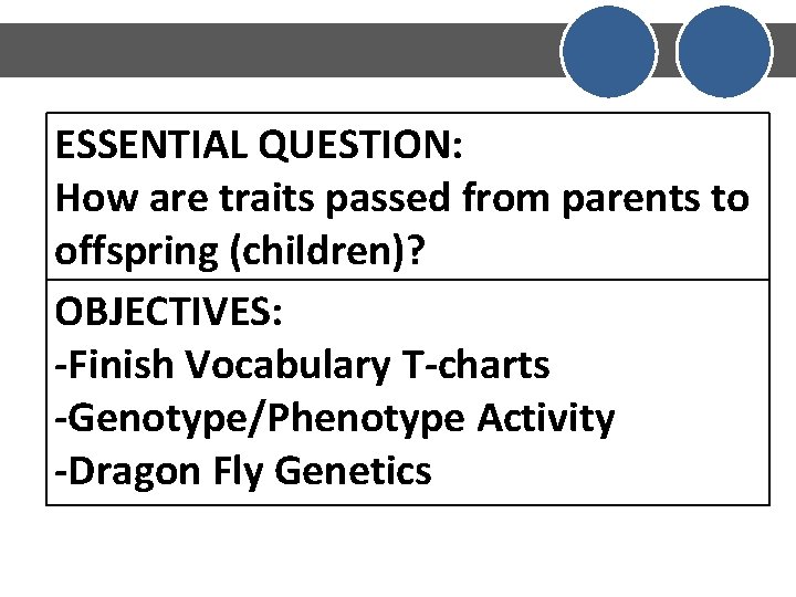 ESSENTIAL QUESTION: How are traits passed from parents to offspring (children)? OBJECTIVES: -Finish Vocabulary