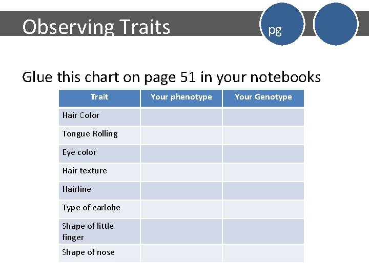 Observing Traits pg Glue this chart on page 51 in your notebooks Trait Hair