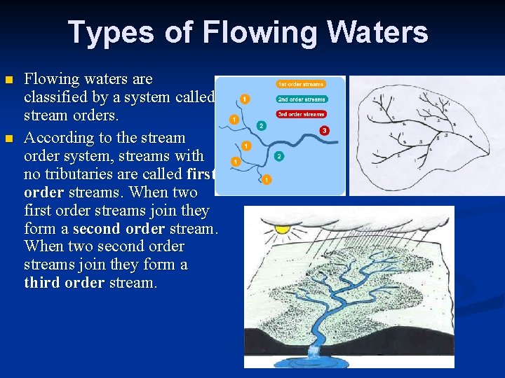 Types of Flowing Waters n n Flowing waters are classified by a system called