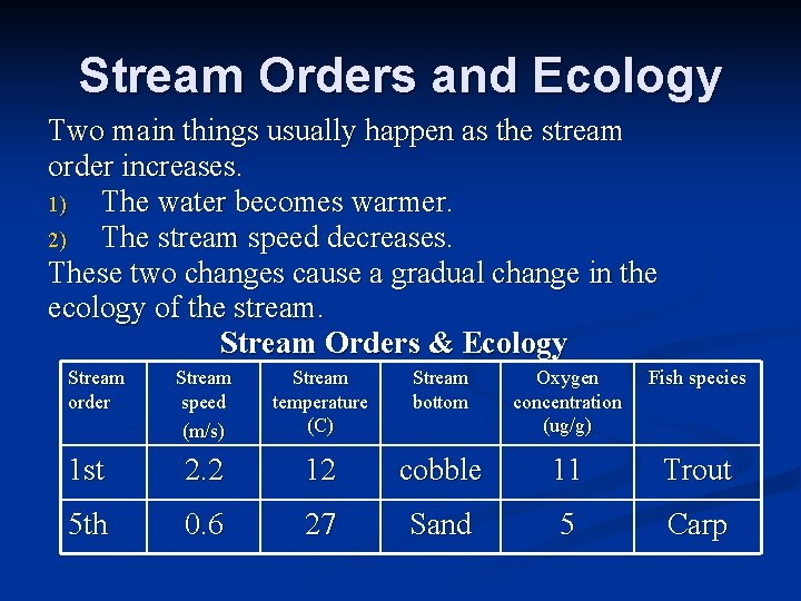 Stream Orders and Ecology Two main things usually happen as the stream order increases.