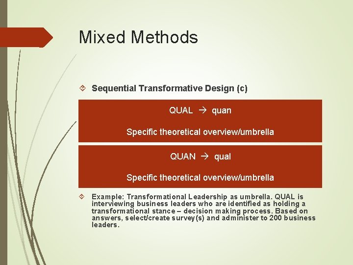 Mixed Methods Sequential Transformative Design (c) QUAL quan Specific theoretical overview/umbrella QUAN qual Specific