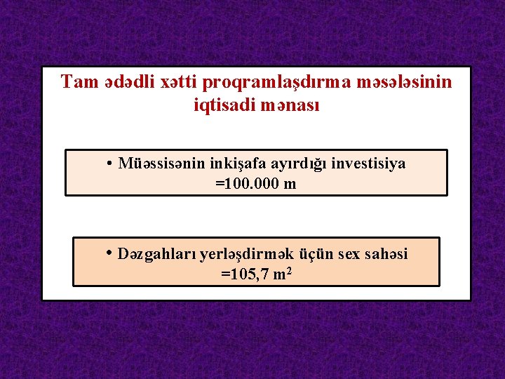 Tam ədədli xətti proqramlaşdırma məsələsinin iqtisadi mənası • Müəssisənin inkişafa ayırdığı investisiya =100. 000