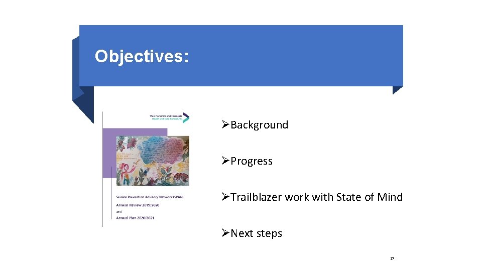 Objectives: ØBackground ØProgress ØTrailblazer work with State of Mind ØNext steps 37 