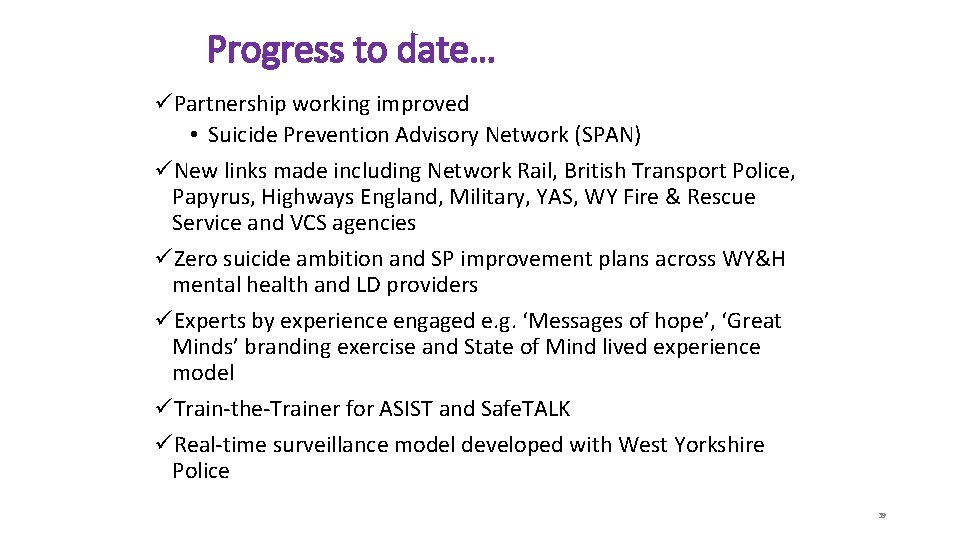 Progress to date… üPartnership working improved • Suicide Prevention Advisory Network (SPAN) üNew links
