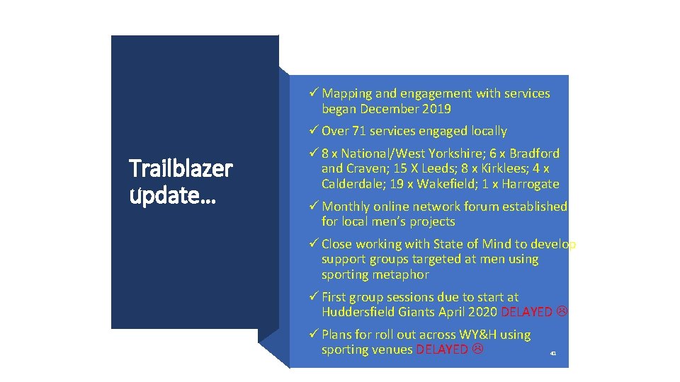 ü Mapping and engagement with services began December 2019 ü Over 71 services engaged