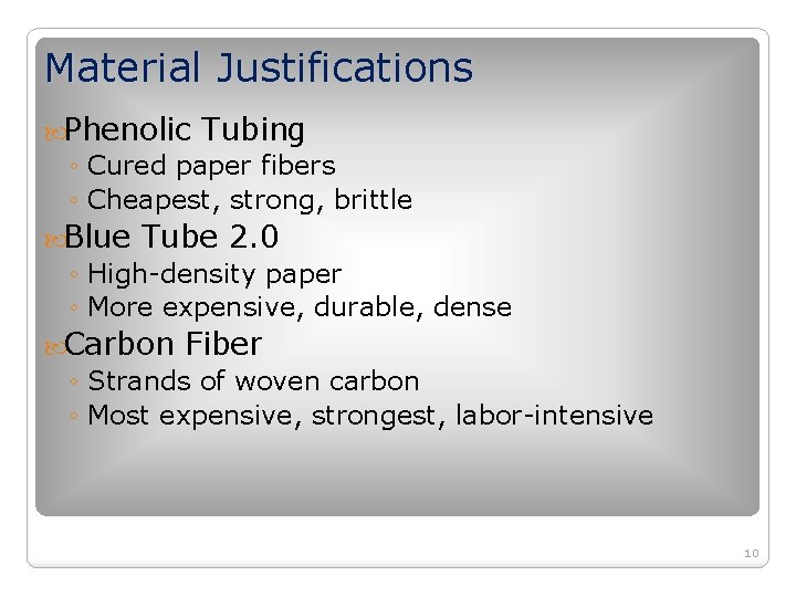 Material Justifications Phenolic Tubing ◦ Cured paper fibers ◦ Cheapest, strong, brittle Blue Tube Material Justifications Phenolic Tubing ◦ Cured paper fibers ◦ Cheapest, strong, brittle Blue Tube