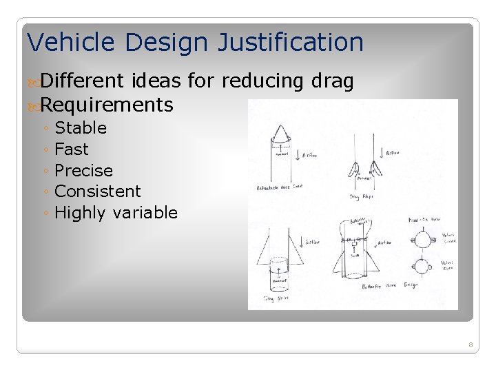 Vehicle Design Justification Different ideas for reducing drag Requirements ◦ Stable ◦ Fast ◦ Vehicle Design Justification Different ideas for reducing drag Requirements ◦ Stable ◦ Fast ◦