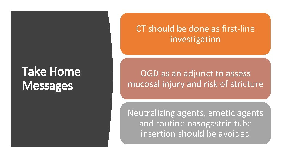 CT should be done as first-line investigation Take Home Messages OGD as an adjunct