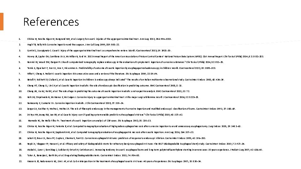 References 1. Chirica M, Resche-Rigon M, Bongrand NM, et al. Surgery for caustic injuries
