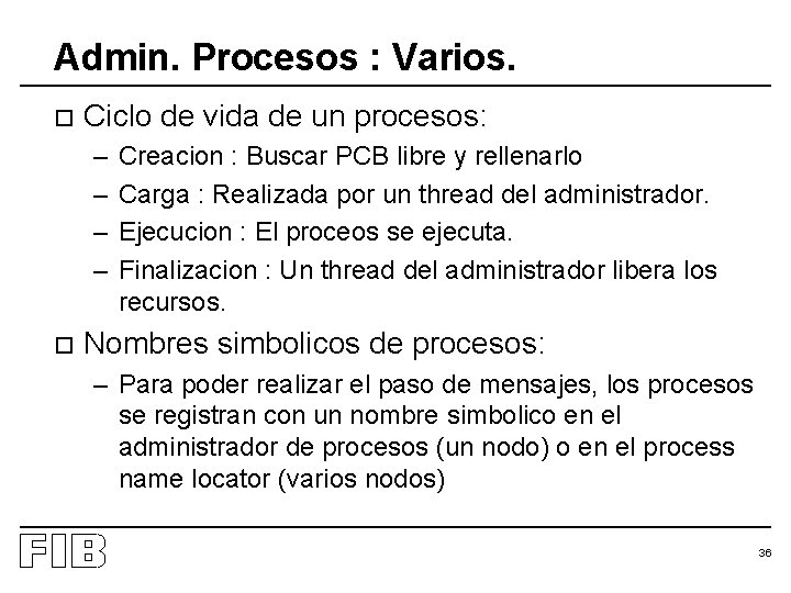 Admin. Procesos : Varios. o Ciclo de vida de un procesos: – – o