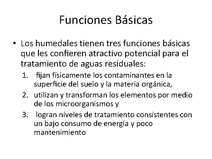 Funciones Básicas • Los humedales tienen tres funciones básicas que les conﬁeren atractivo potencial