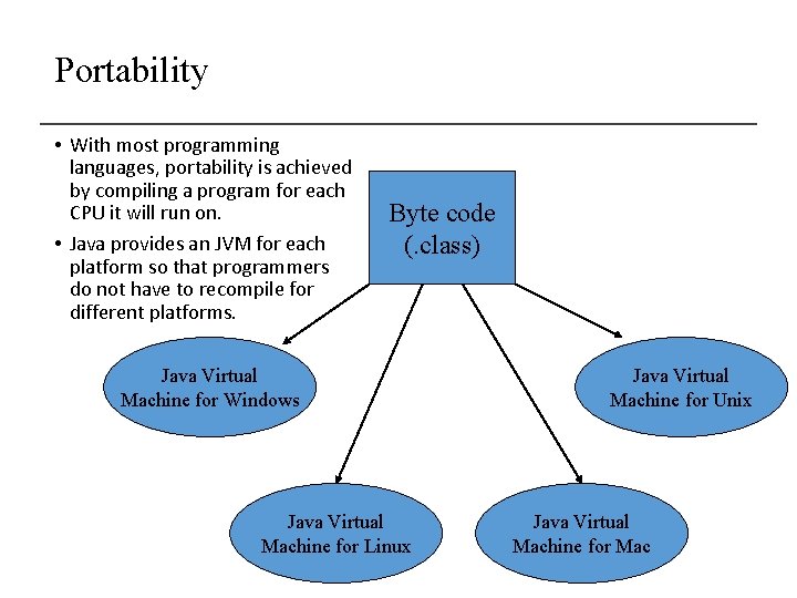 Portability • With most programming languages, portability is achieved by compiling a program for