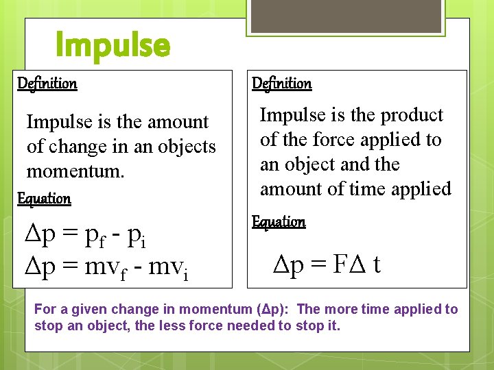 Impulse Definition Impulse is the amount of change in an objects momentum. Equation Δp Impulse Definition Impulse is the amount of change in an objects momentum. Equation Δp
