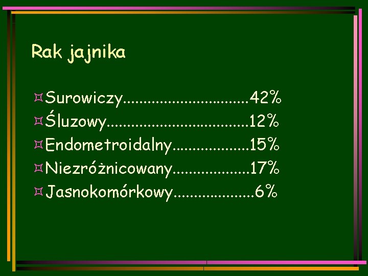 Rak jajnika ³Surowiczy. . . . 42% ³Śluzowy. . . . . 12% ³Endometroidalny.