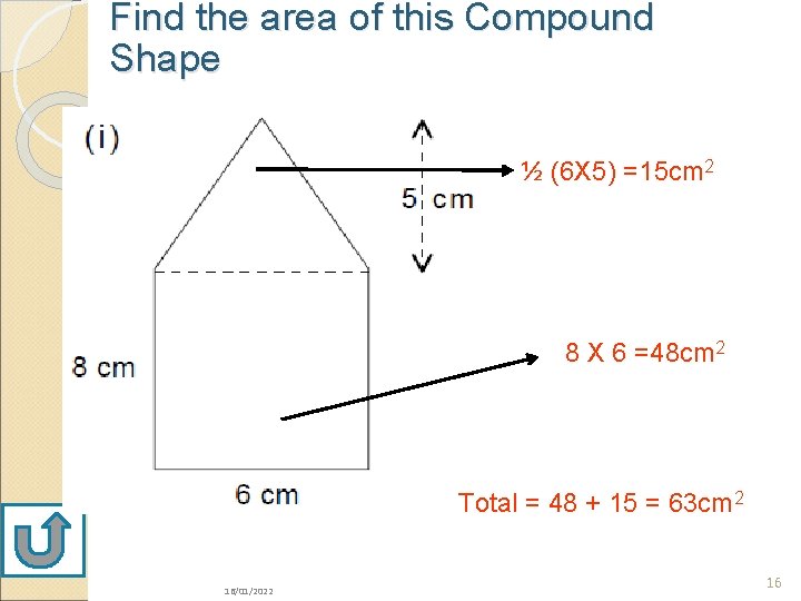 Find the area of this Compound Shape ½ (6 X 5) =15 cm 2