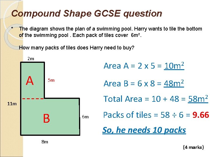 Compound Shape GCSE question * The diagram shows the plan of a swimming pool.