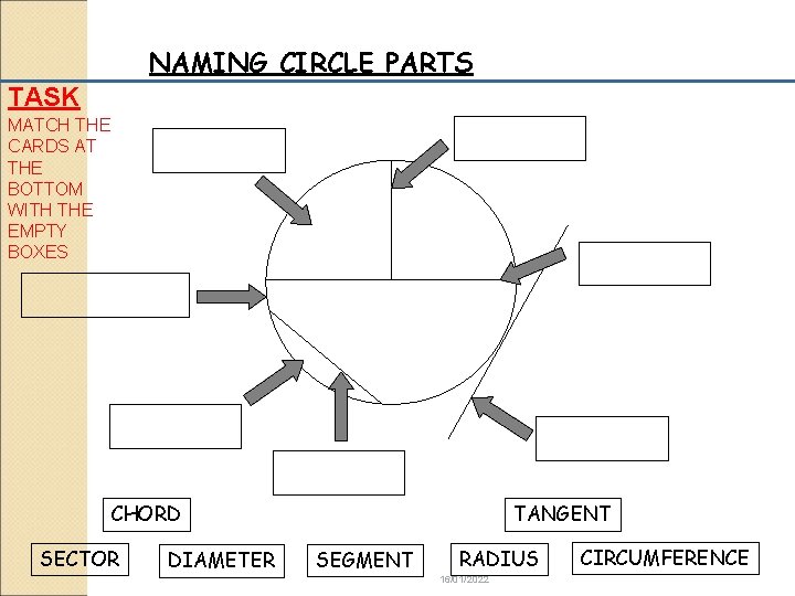 NAMING CIRCLE PARTS TASK MATCH THE CARDS AT THE BOTTOM WITH THE EMPTY BOXES