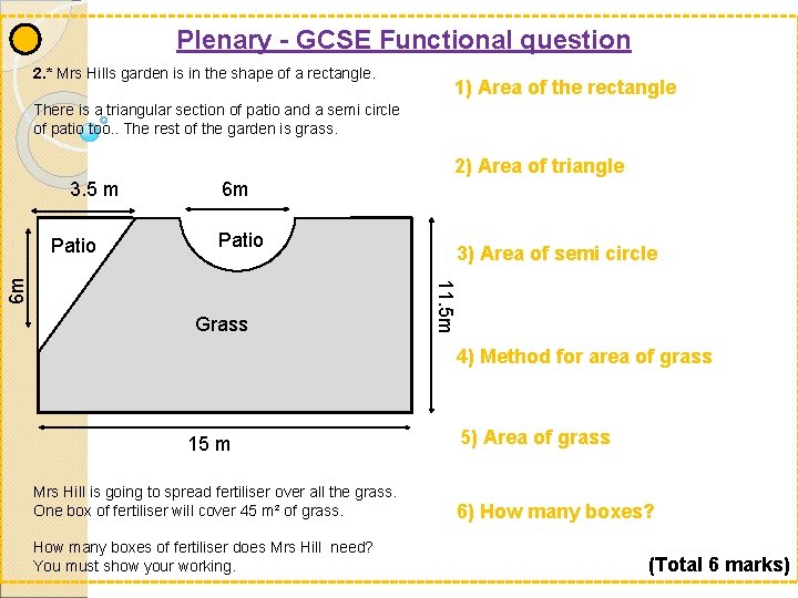 Plenary - GCSE Functional question 2. * Mrs Hills garden is in the shape