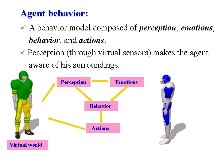 Agent behavior: ü A behavior model composed of perception, emotions, behavior, and actions; ü
