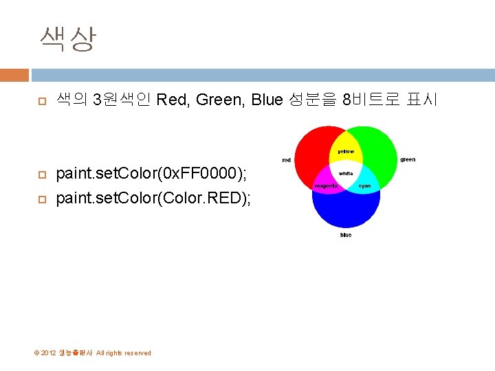색상 색의 3원색인 Red, Green, Blue 성분을 8비트로 표시 paint. set. Color(0 x. FF 색상 색의 3원색인 Red, Green, Blue 성분을 8비트로 표시 paint. set. Color(0 x. FF