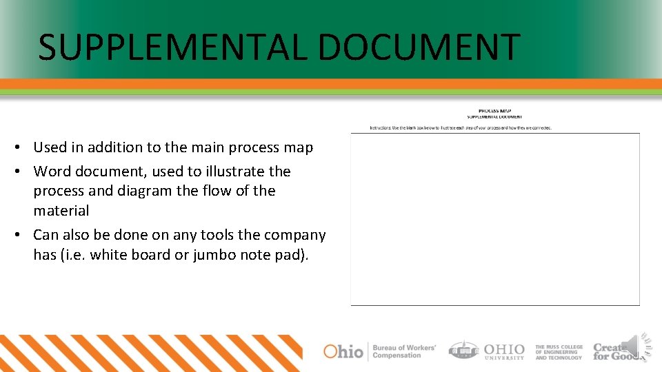 SUPPLEMENTAL DOCUMENT • Used in addition to the main process map • Word document,