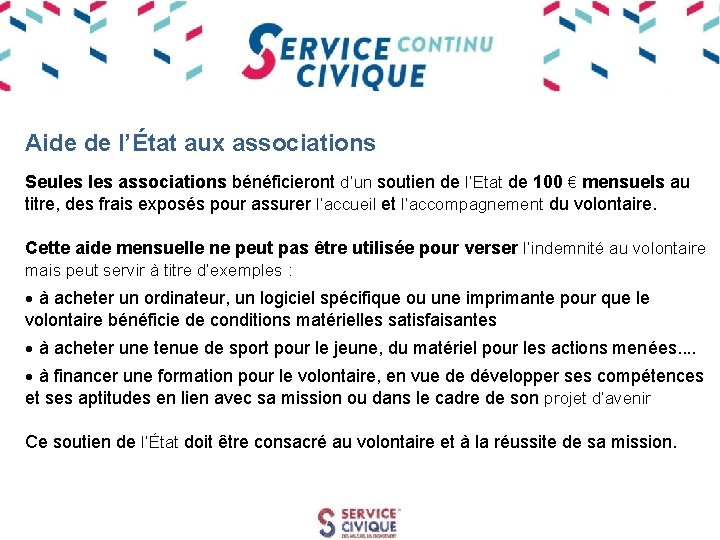 Aide de l’État aux associations Seules associations bénéficieront d’un soutien de l’Etat de 100