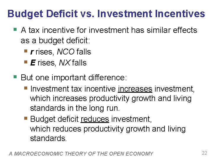 Budget Deficit vs. Investment Incentives § A tax incentive for investment has similar effects