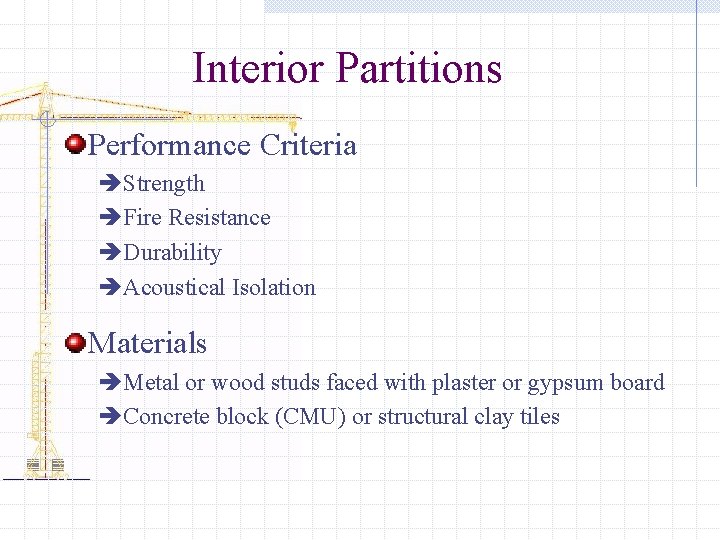 Interior Partitions Performance Criteria èStrength èFire Resistance èDurability èAcoustical Isolation Materials èMetal or wood Interior Partitions Performance Criteria èStrength èFire Resistance èDurability èAcoustical Isolation Materials èMetal or wood