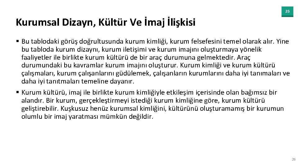 26 Kurumsal Dizayn, Kültür Ve İmaj İlişkisi § Bu tablodaki görüş doğrultusunda kurum kimliği,