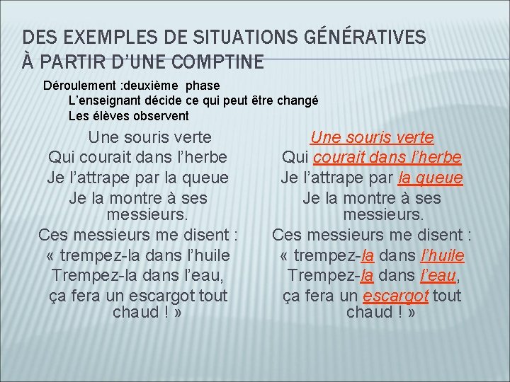 DES EXEMPLES DE SITUATIONS GÉNÉRATIVES À PARTIR D’UNE COMPTINE Déroulement : deuxième phase L’enseignant