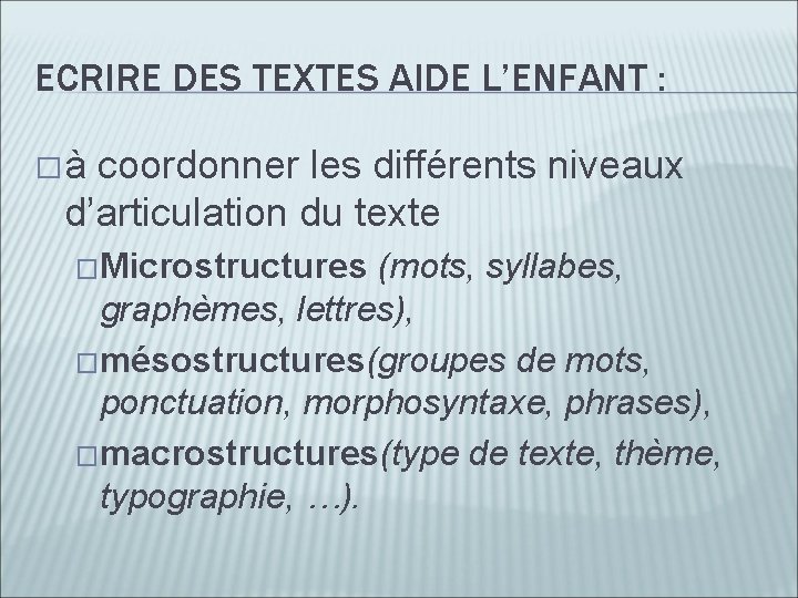 ECRIRE DES TEXTES AIDE L’ENFANT : �à coordonner les différents niveaux d’articulation du texte