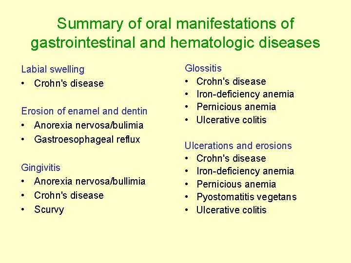 Summary of oral manifestations of gastrointestinal and hematologic diseases Labial swelling • Crohn's disease Summary of oral manifestations of gastrointestinal and hematologic diseases Labial swelling • Crohn's disease