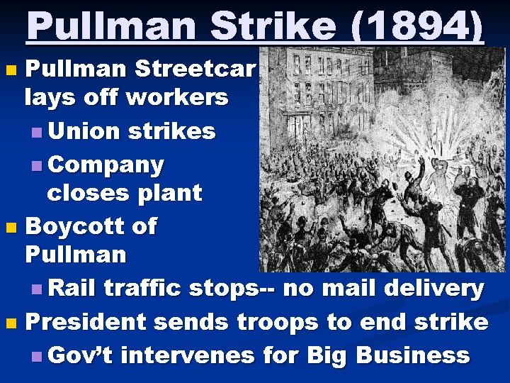 Pullman Strike (1894) Pullman Streetcar lays off workers n Union strikes n Company closes Pullman Strike (1894) Pullman Streetcar lays off workers n Union strikes n Company closes