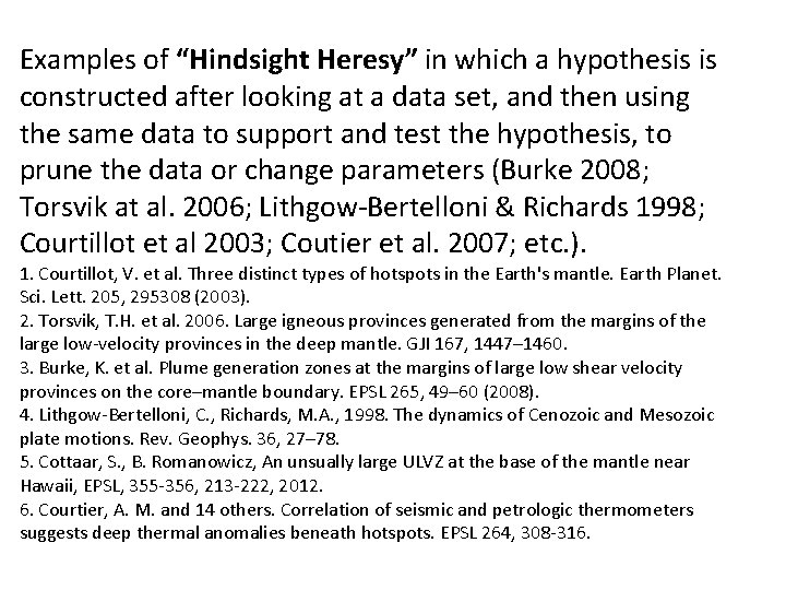 Examples of “Hindsight Heresy” in which a hypothesis is constructed after looking at a