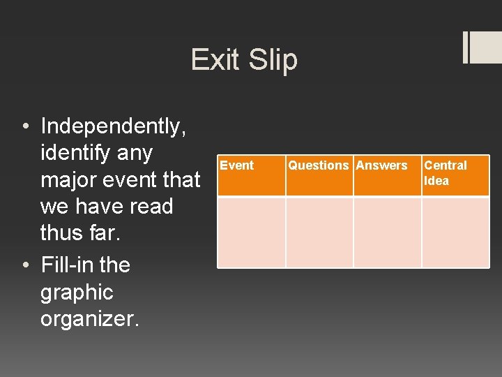 Exit Slip • Independently, identify any major event that we have read thus far.